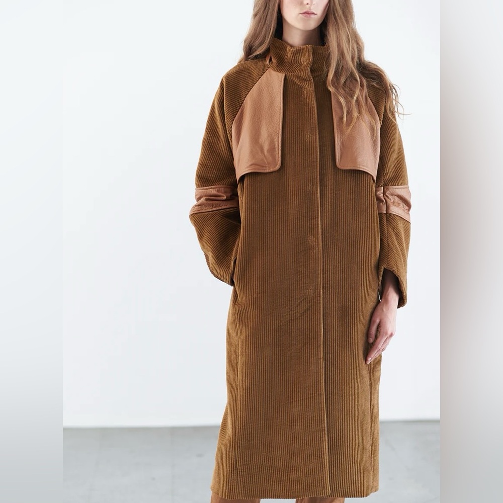 Camel Corduroy Women's Coat with leather details